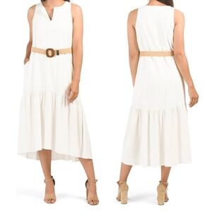 ADYSON PARKER Easy Tier Linen Dress Split Neck Cream Cottage Boho Prep XL 12 14